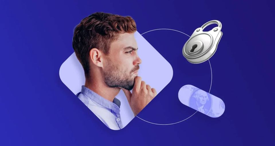 Young man contemplating with a lock and dollar symbol floating on a blue background