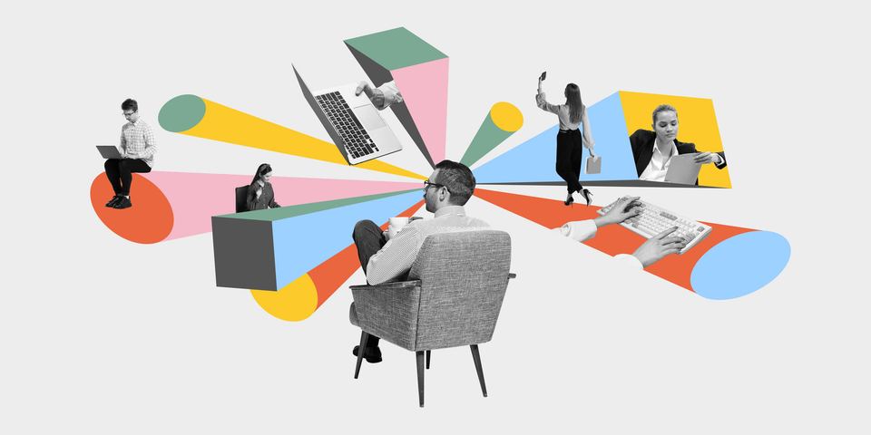Remote colleagues collaborating through colorful geometric forms