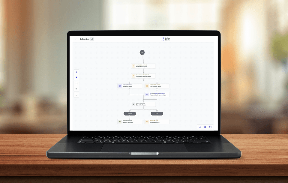 Laptop displaying an identity verification workflow in Onfido Studio